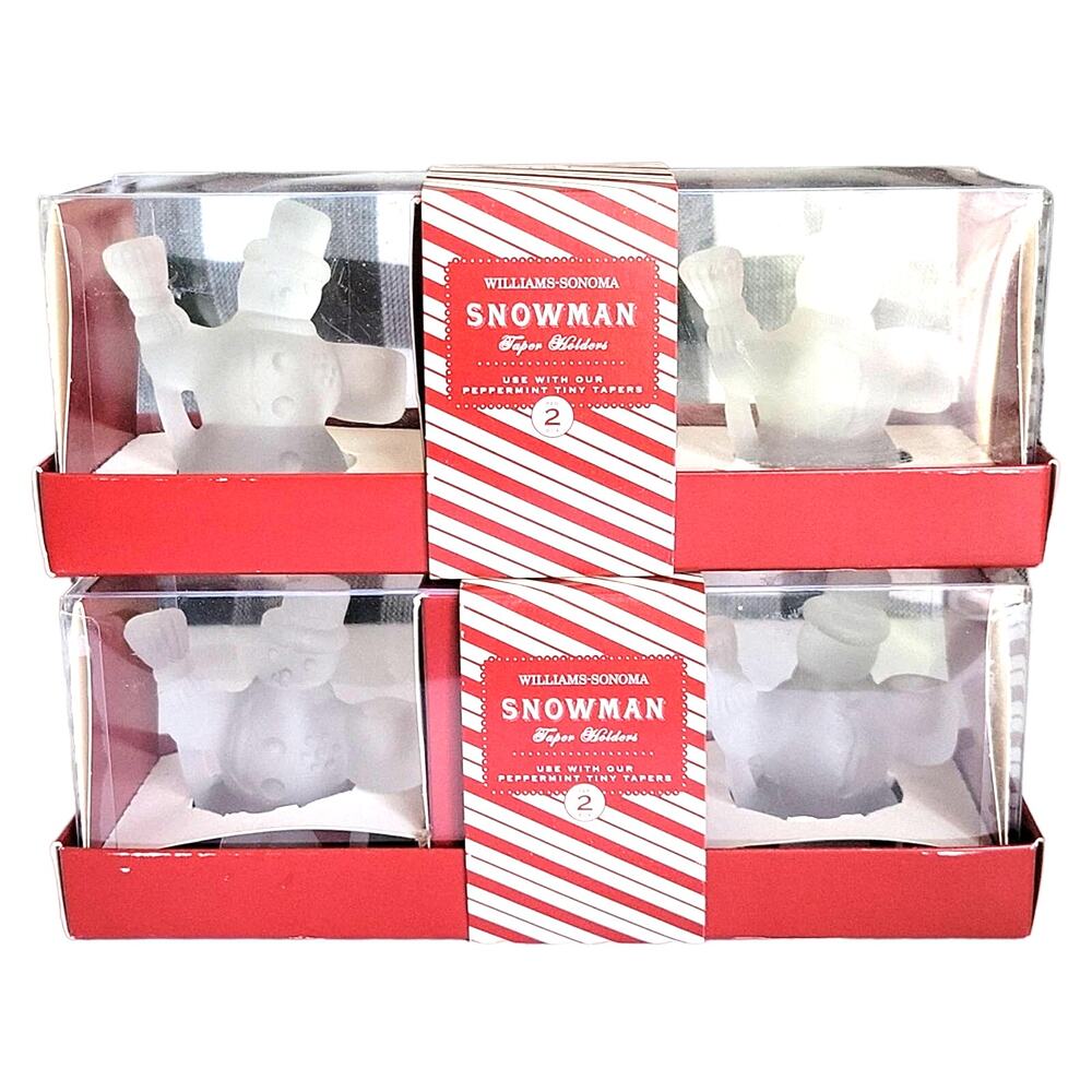 Vintage Williams Sonoma Snowman Tiny Taper Holder Clear Satin Glass Set Festive